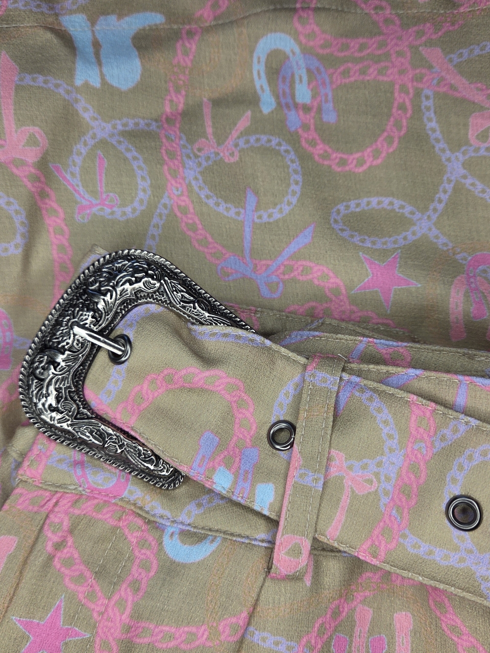 Women's Tan Western Patterned Casual Shorts with Decorative Silver Buckle Size S